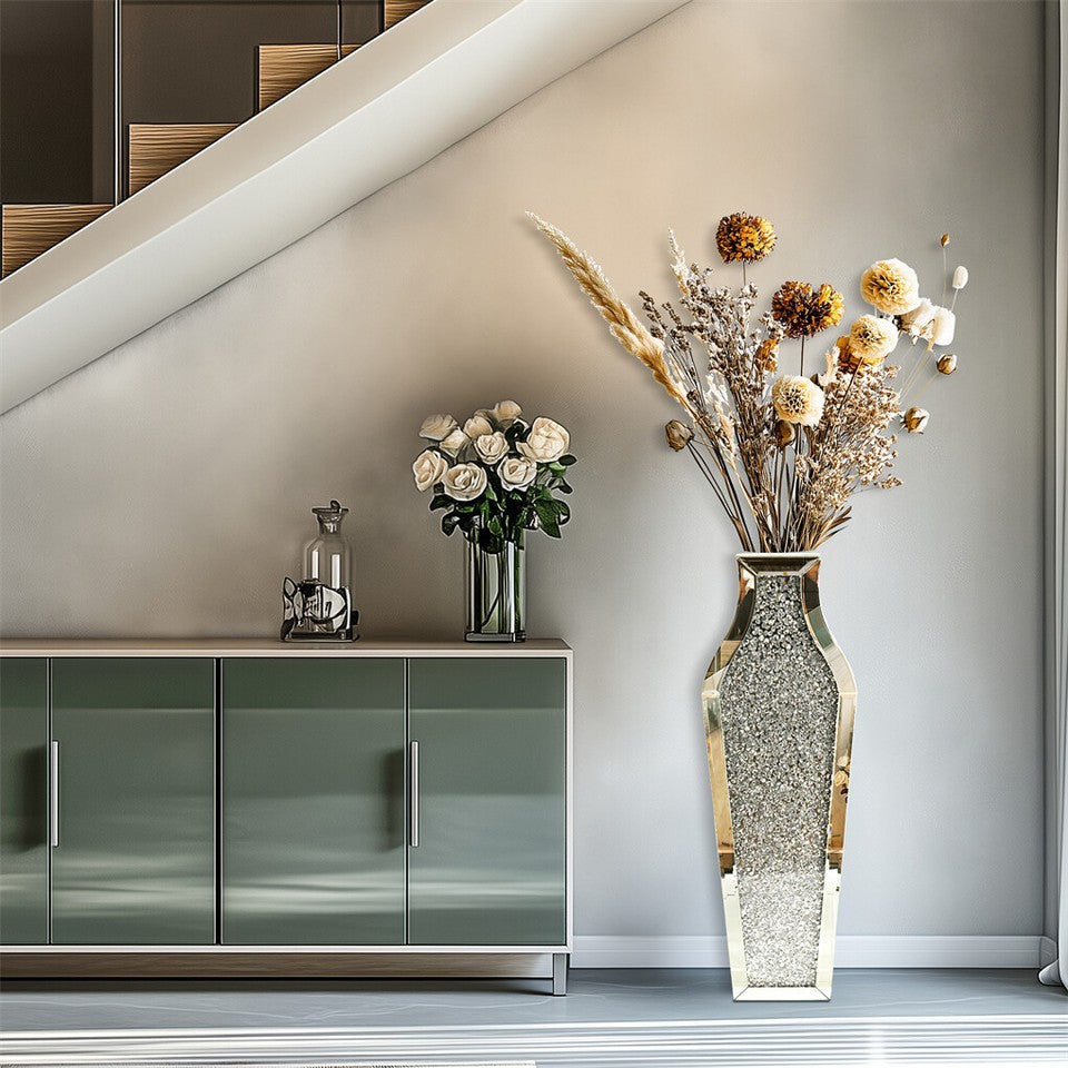 Sparkling Crushed Diamond Mirrored Floor Vase Tall Silver Glass Fake Flower Vase - Image 8