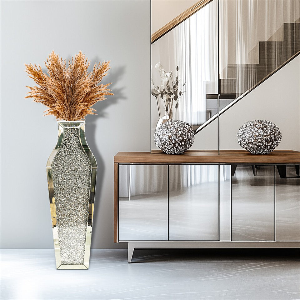 Sparkling Crushed Diamond Mirrored Floor Vase Tall Silver Glass Fake Flower Vase - Image 9