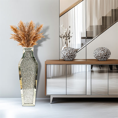 Sparkling Crushed Diamond Mirrored Floor Vase Tall Silver Glass Fake Flower Vase - Image 9