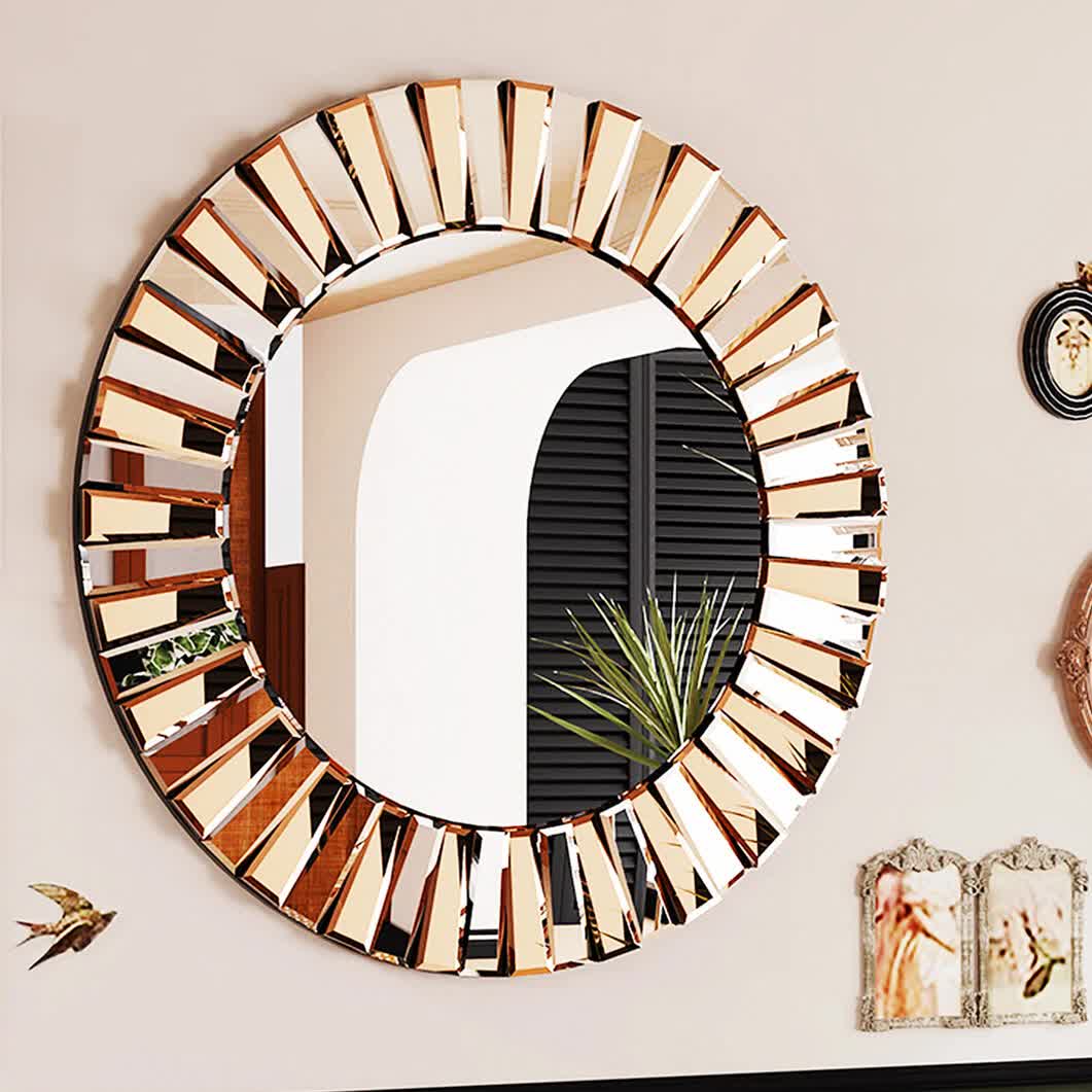 P&P Silver and Tawny Round Sunburst Mirror with Beveled Glass, Decorative Wall Accent - Image 2