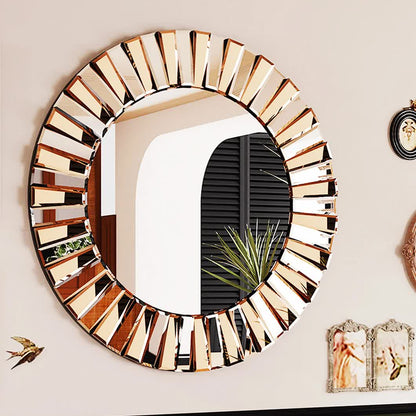 P&P Silver and Tawny Round Sunburst Mirror with Beveled Glass, Decorative Wall Accent - Image 2