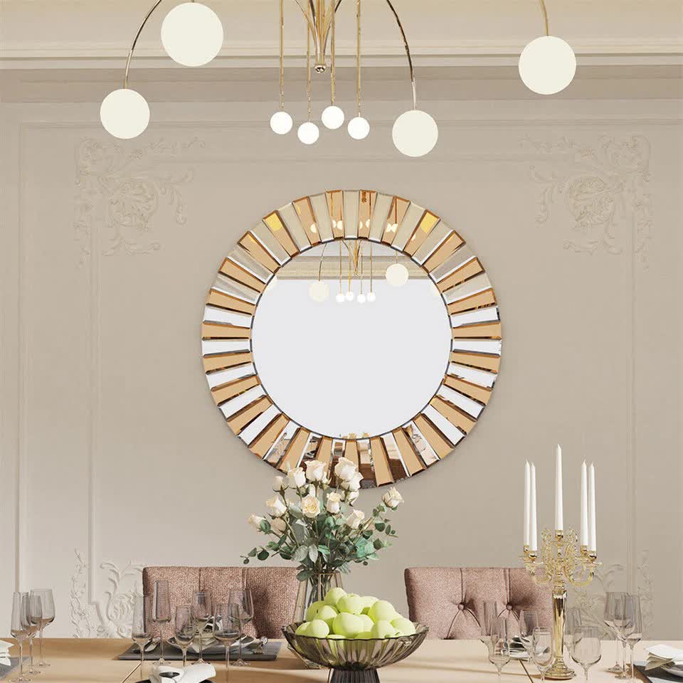 P&P Silver and Tawny Round Sunburst Mirror with Beveled Glass, Decorative Wall Accent - Image 3