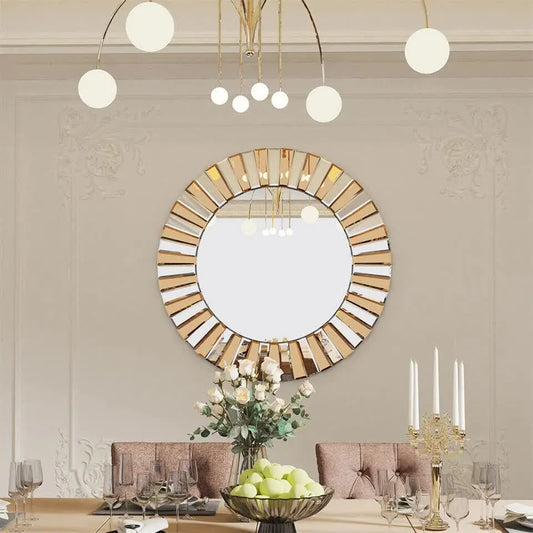 P&P Silver and Tawny Round Sunburst Mirror with Beveled Glass, Decorative Wall Accent - Image 3