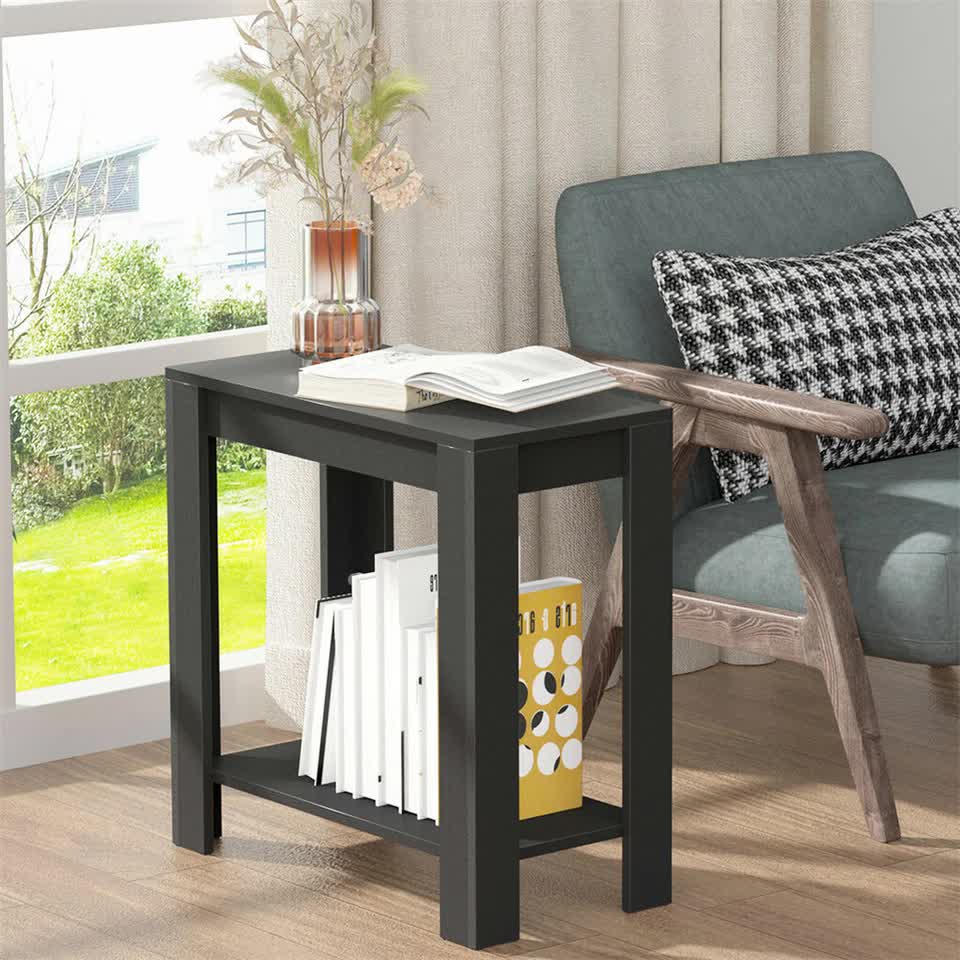 Rustic 2 Tier Side Table Open Accent Table Bedside Storage Slim Coffee End Table - Image 2