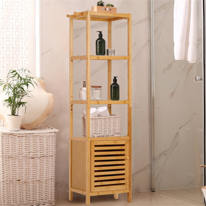 Large Bathroom Floor Cabinet Bamboo Storage Cupboard Living Room w/ Hook & Shelf - Image 2