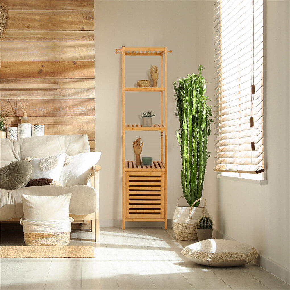 Large Bathroom Floor Cabinet Bamboo Storage Cupboard Living Room w/ Hook & Shelf - Image 3