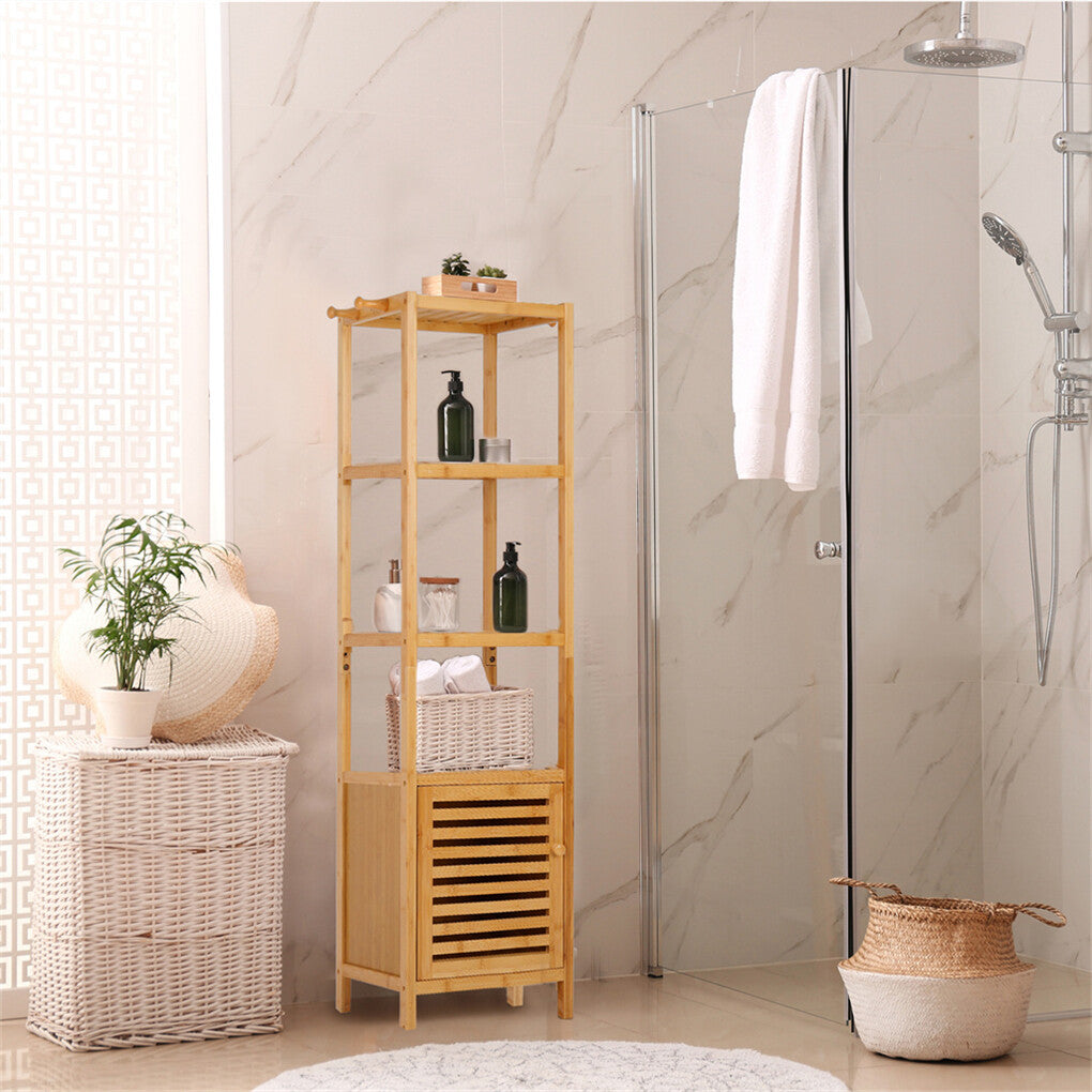 Large Bathroom Floor Cabinet Bamboo Storage Cupboard Living Room w/ Hook & Shelf - Image 4