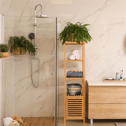 Large Bathroom Floor Cabinet Bamboo Storage Cupboard Living Room w/ Hook & Shelf - Image 5