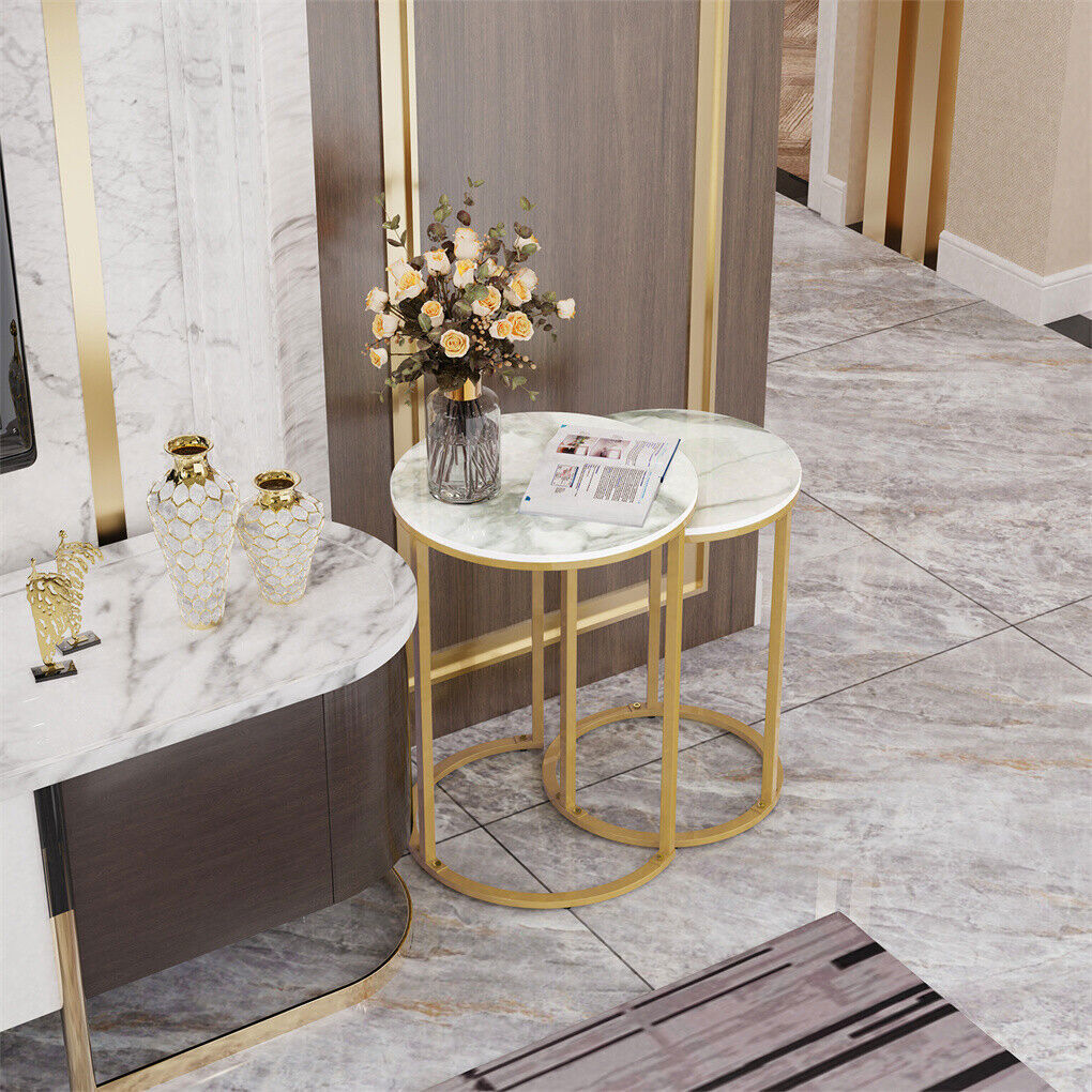 2Pcs Gold Marble Nesting Side End Tables Round Small Stacking Drink Coffee Table - Image 5