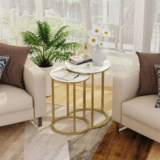 2Pcs Gold Marble Nesting Side End Tables Round Small Stacking Drink Coffee Table - Image 6