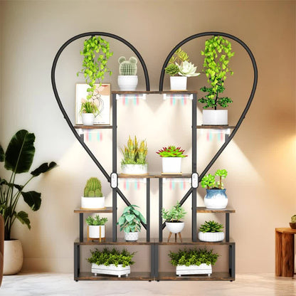 P&P Black & Brown Heart-Shaped Plant Stand with USB Grow Lights for Indoor Plant Display - Image 2