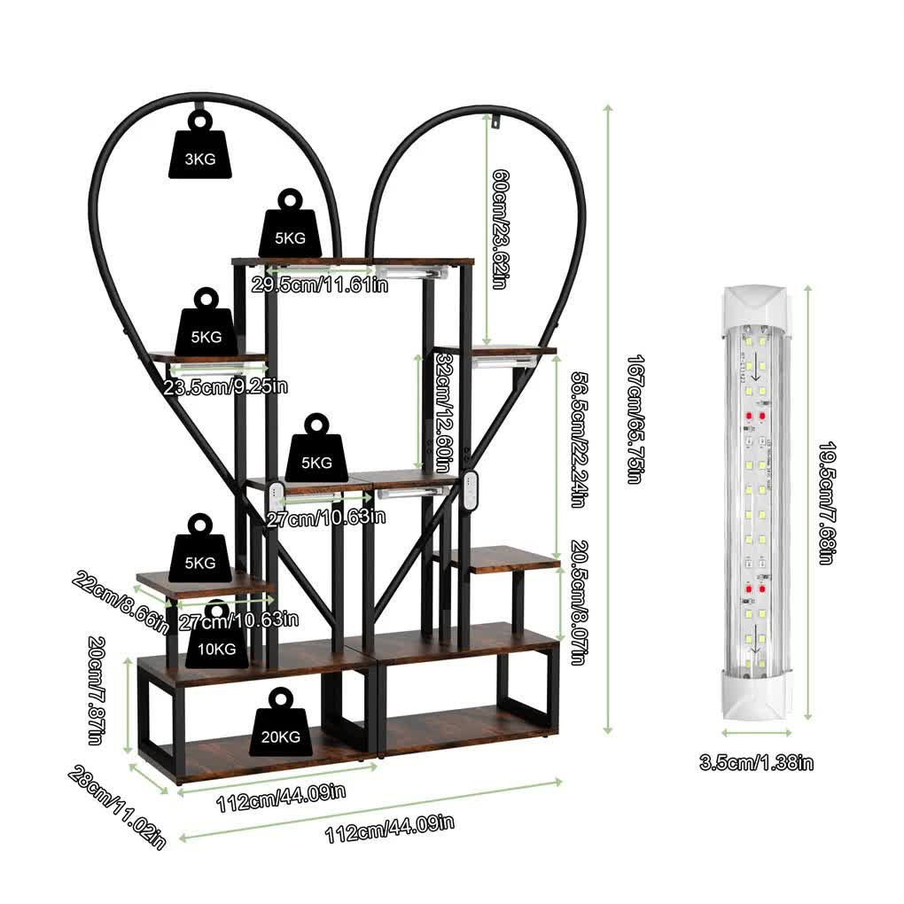 P&P Black & Brown Heart-Shaped Plant Stand with USB Grow Lights for Indoor Plant Display - Image 5