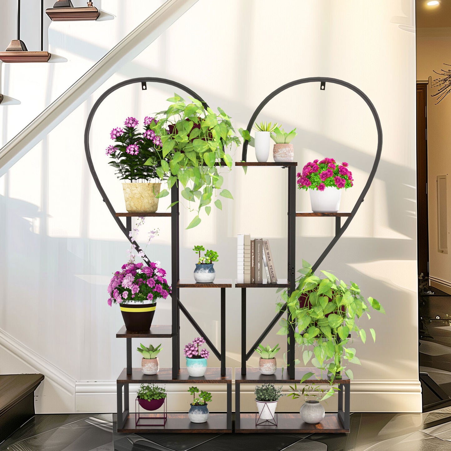 Fin Merge/Separate Metal Plant Stand Heart Shape Ladder Book Shelf For Indoor Garden - Image 2