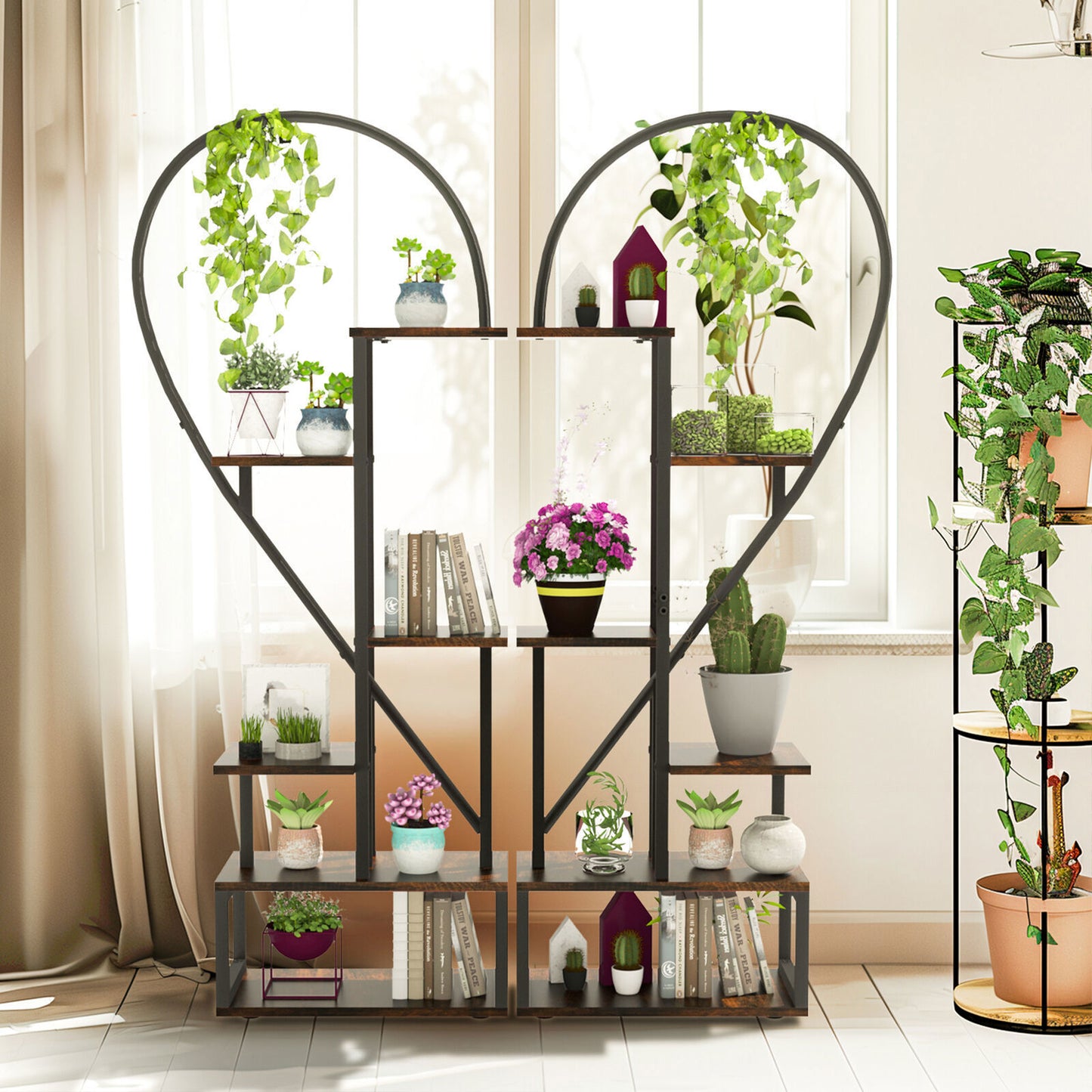 Fin Merge/Separate Metal Plant Stand Heart Shape Ladder Book Shelf For Indoor Garden - Image 4