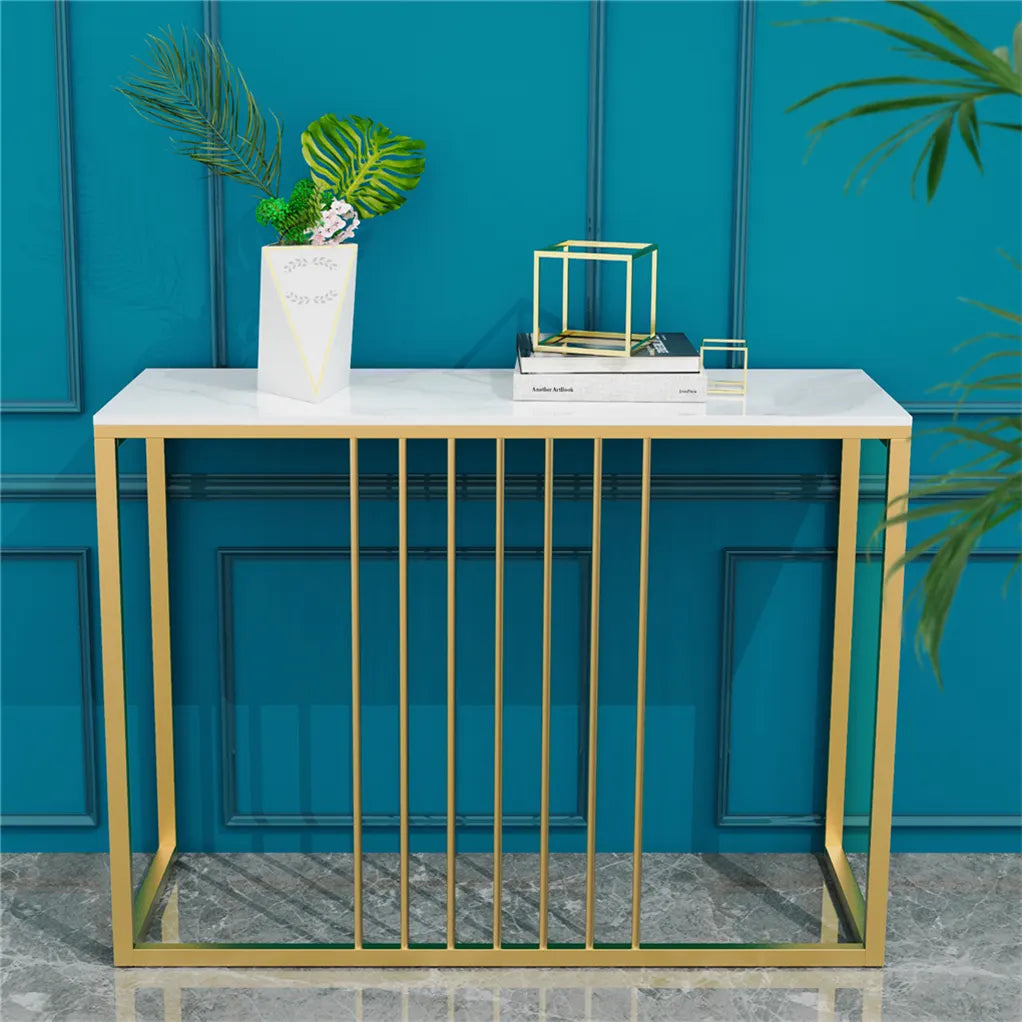 Narrow Console Sofa Entry Table Behind Couch Table Sintered Stone Golden Frame - Image 5