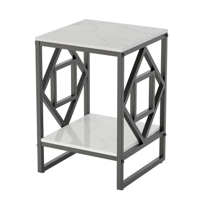 Sleek White Marble Side Table Sofa End Table Bedside Nightstand w Durable Frame