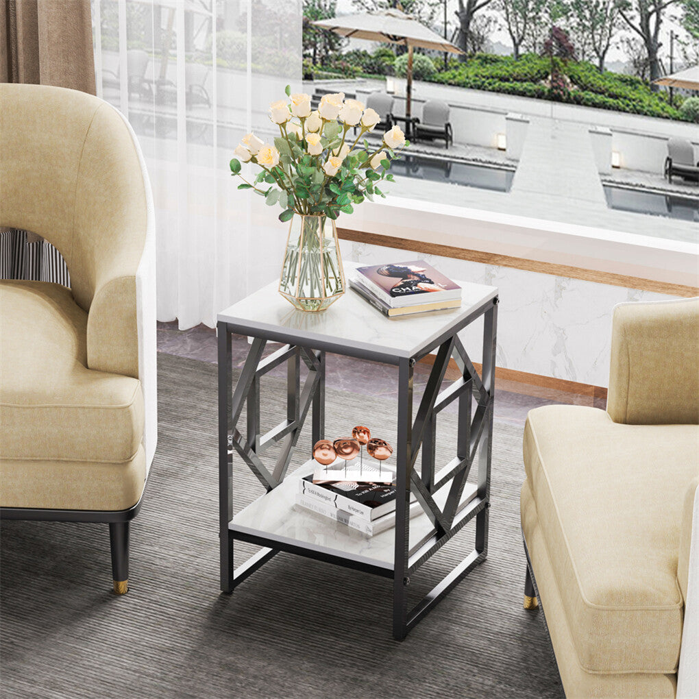 Sleek White Marble Side Table Sofa End Table Bedside Nightstand w Durable Frame - Image 2