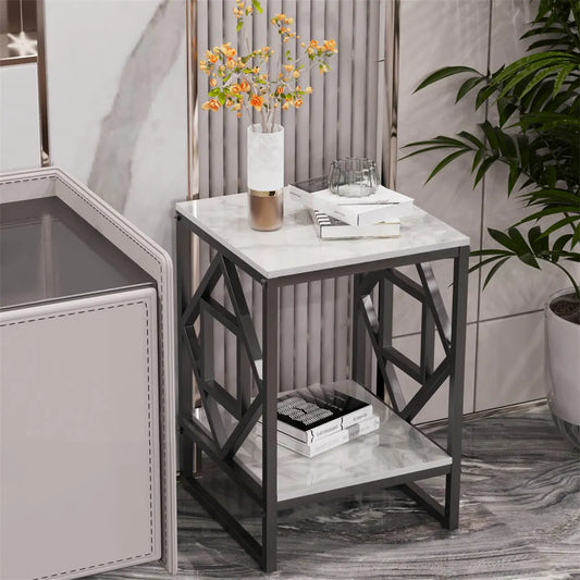 Sleek White Marble Side Table Sofa End Table Bedside Nightstand w Durable Frame - Image 3