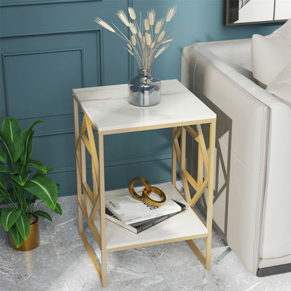 White Marble Gold Side Table Living Room End Accent Table Nightstand with Shelf - Image 2