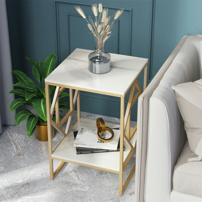 White Marble Gold Side Table Living Room End Accent Table Nightstand with Shelf - Image 3