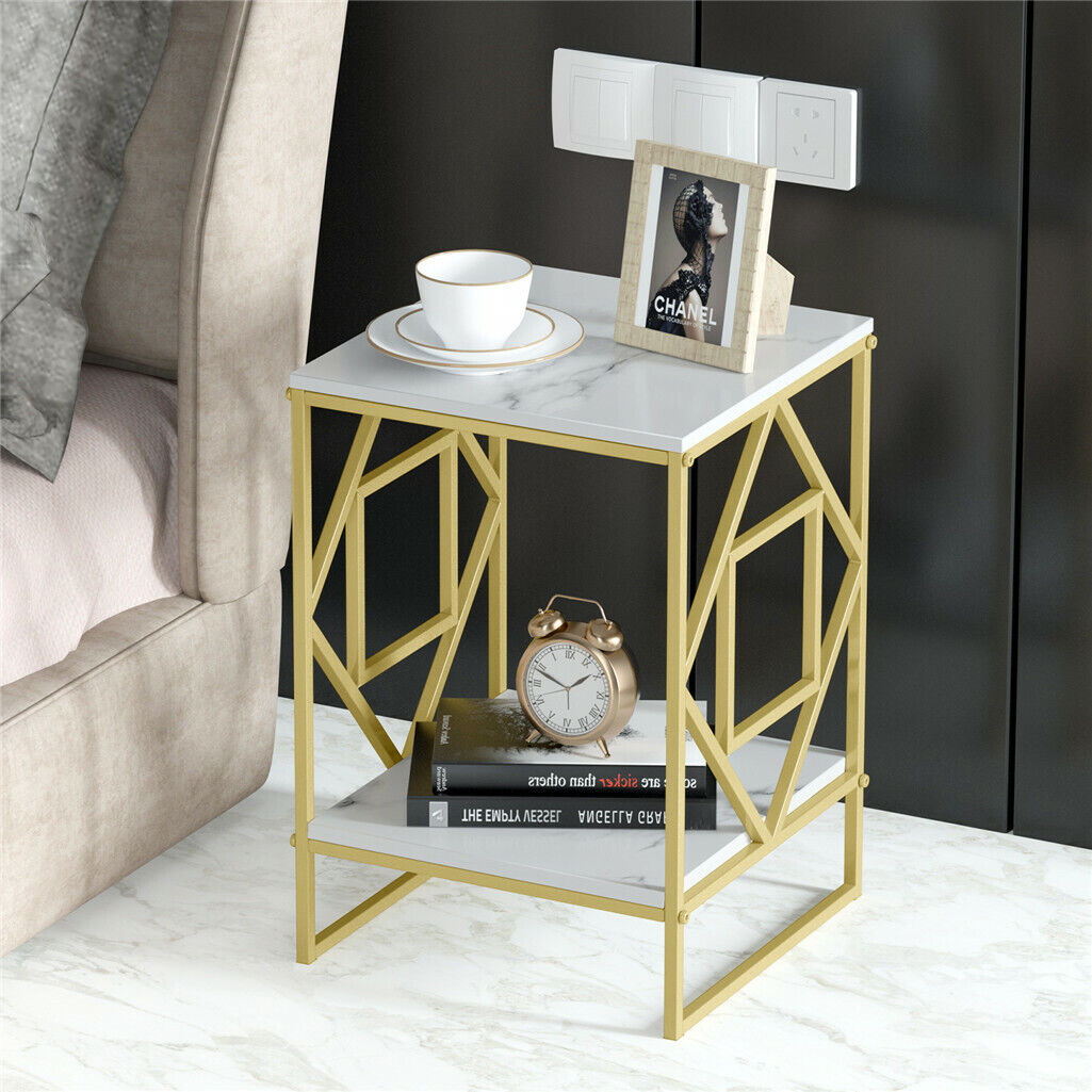 White Marble Gold Side Table Living Room End Accent Table Nightstand with Shelf - Image 4