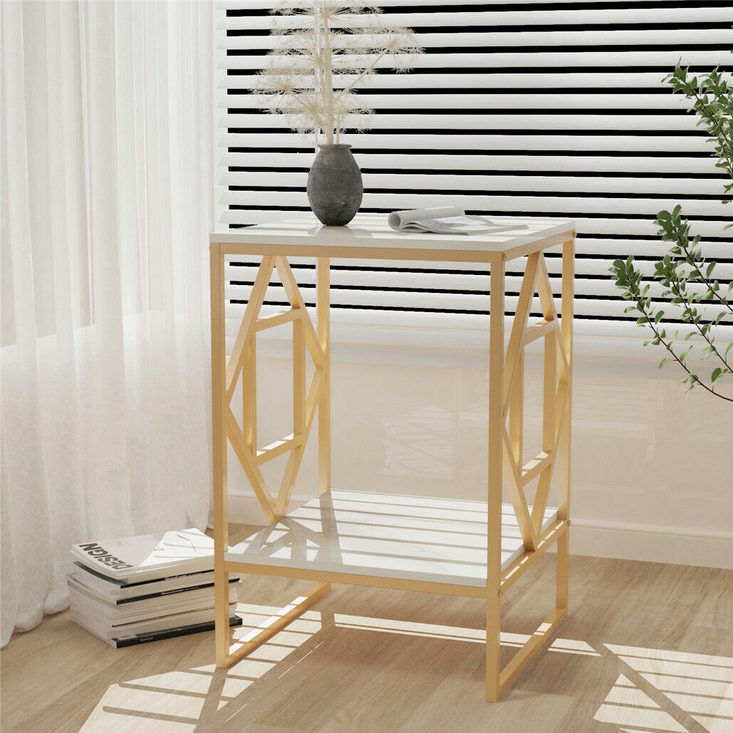 White Marble Gold Side Table Living Room End Accent Table Nightstand with Shelf - Image 5