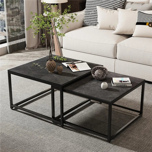 Marble Nesting Coffee Table Set Sintered Stone Side End Tables with Solid Metal Frame - Image 2
