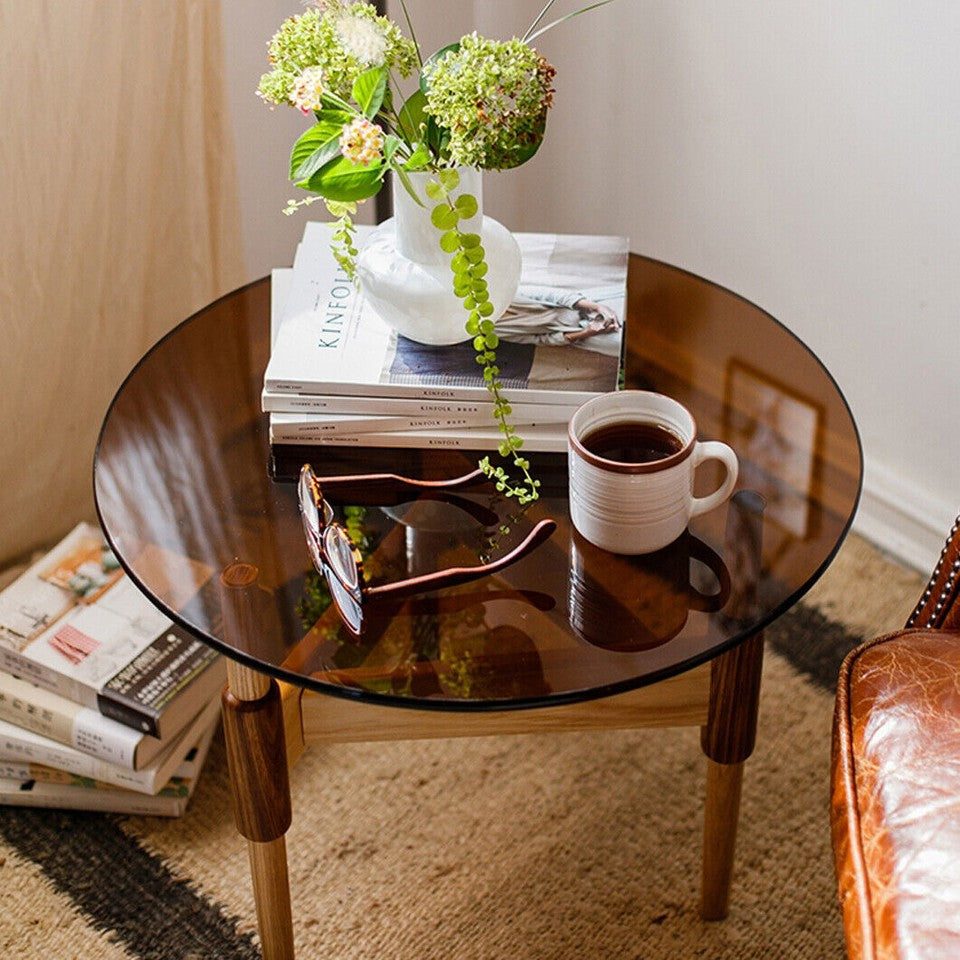 Modern Round Tempered Glass Coffee Table Sofa Side End Table Brown Tinted Metal Frame Living Room - Image 3