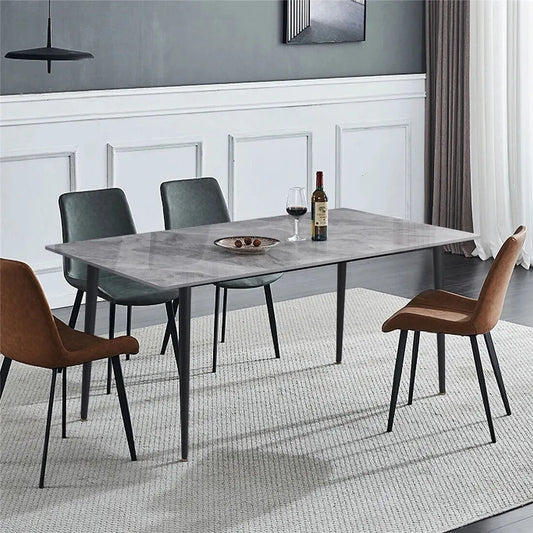 Glossy Gray Rectangular Stone Dining Table With Slim Black Legs - Image 3