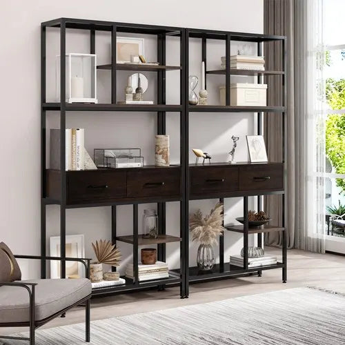 180Cm Tall Bookshelf With Drawers Industrial Bookcase W/ 6 Tiers Storage Shelves - Image 2