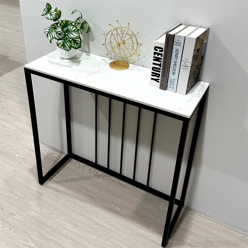 80cm White & Grey Sintered Stone Console Table Storage Table Behind Sofa W/ Black Metal Frame - Image 2
