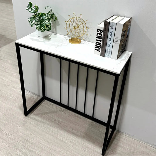 80cm White & Grey Sintered Stone Console Table Storage Table Behind Sofa W/ Black Metal Frame - Image 2