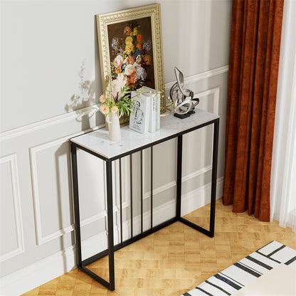 80cm White & Grey Sintered Stone Console Table Storage Table Behind Sofa W/ Black Metal Frame - Image 3