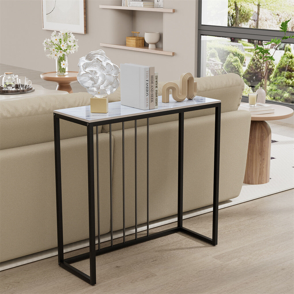 80cm White & Grey Sintered Stone Console Table Storage Table Behind Sofa W/ Black Metal Frame - Image 4