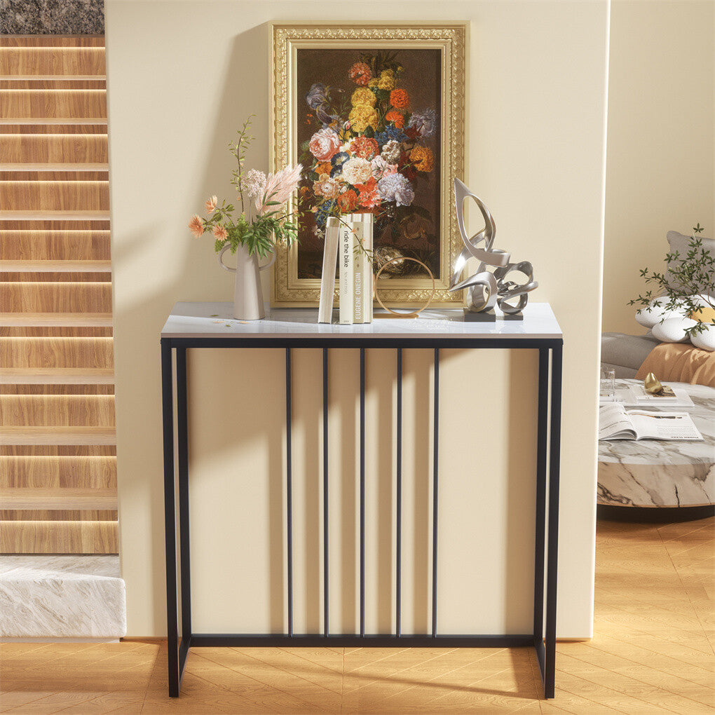 80cm White & Grey Sintered Stone Console Table Storage Table Behind Sofa W/ Black Metal Frame - Image 5