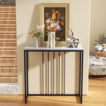80cm White & Grey Sintered Stone Console Table Storage Table Behind Sofa W/ Black Metal Frame - Image 5