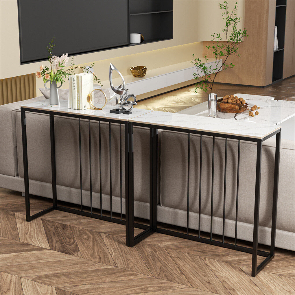 80cm White & Grey Sintered Stone Console Table Storage Table Behind Sofa W/ Black Metal Frame - Image 6