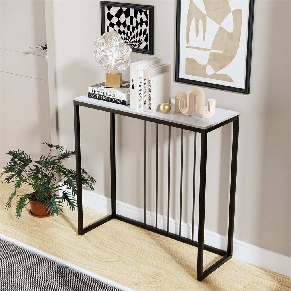 80cm White & Grey Sintered Stone Console Table Storage Table Behind Sofa W/ Black Metal Frame - Image 7
