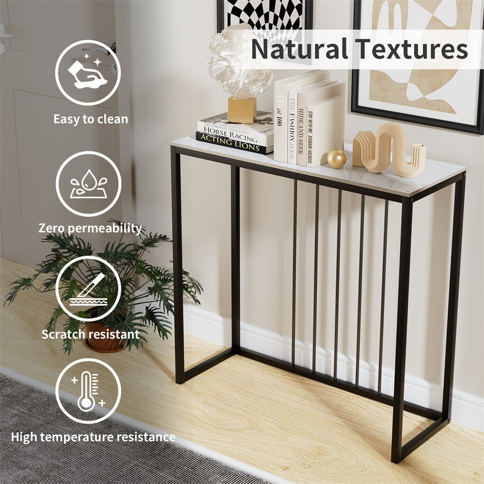 80cm White & Grey Sintered Stone Console Table Storage Table Behind Sofa W/ Black Metal Frame - Image 8