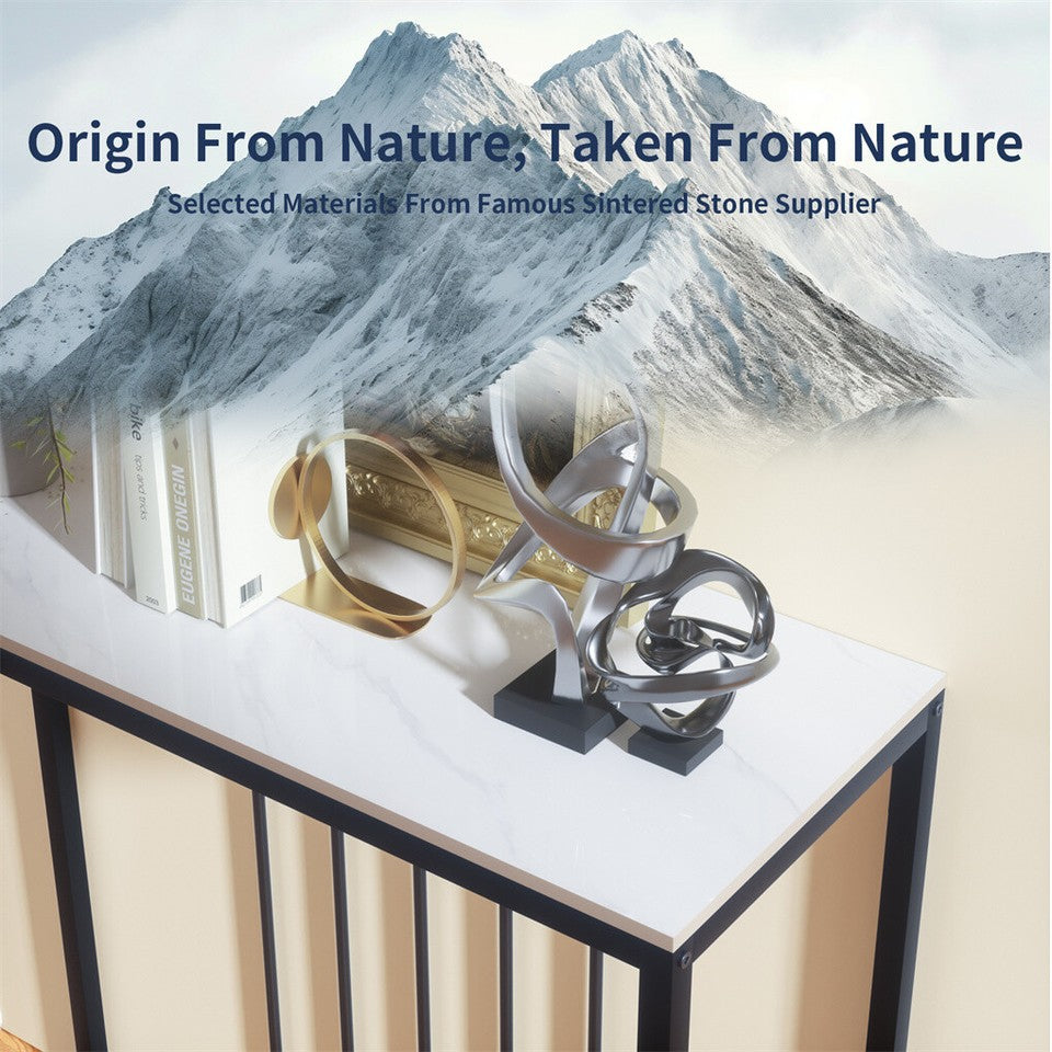 80cm White & Grey Sintered Stone Console Table Storage Table Behind Sofa W/ Black Metal Frame - Image 9