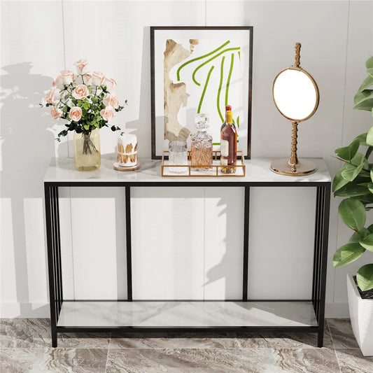 2-Tier White Marble Entryway Console Table Extra Long Foyer Couch Table - Image 4