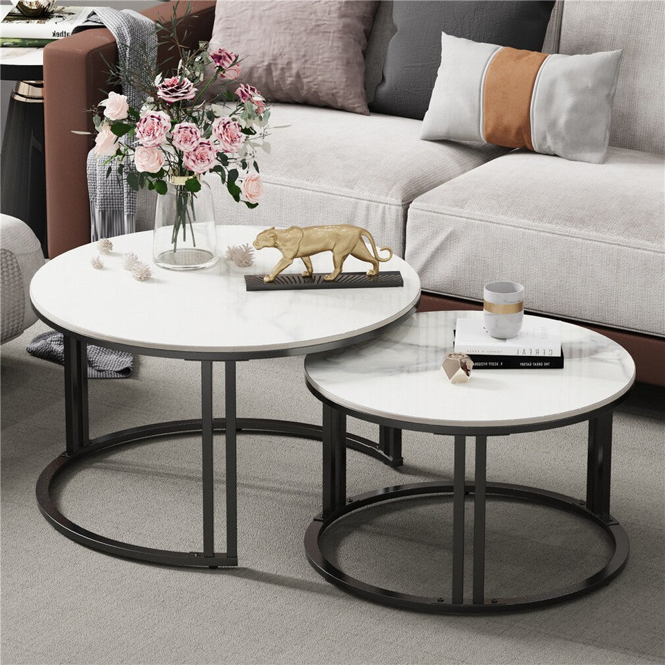 Stylish Round Nesting Coffee Tables with Metal Frame - Image 3