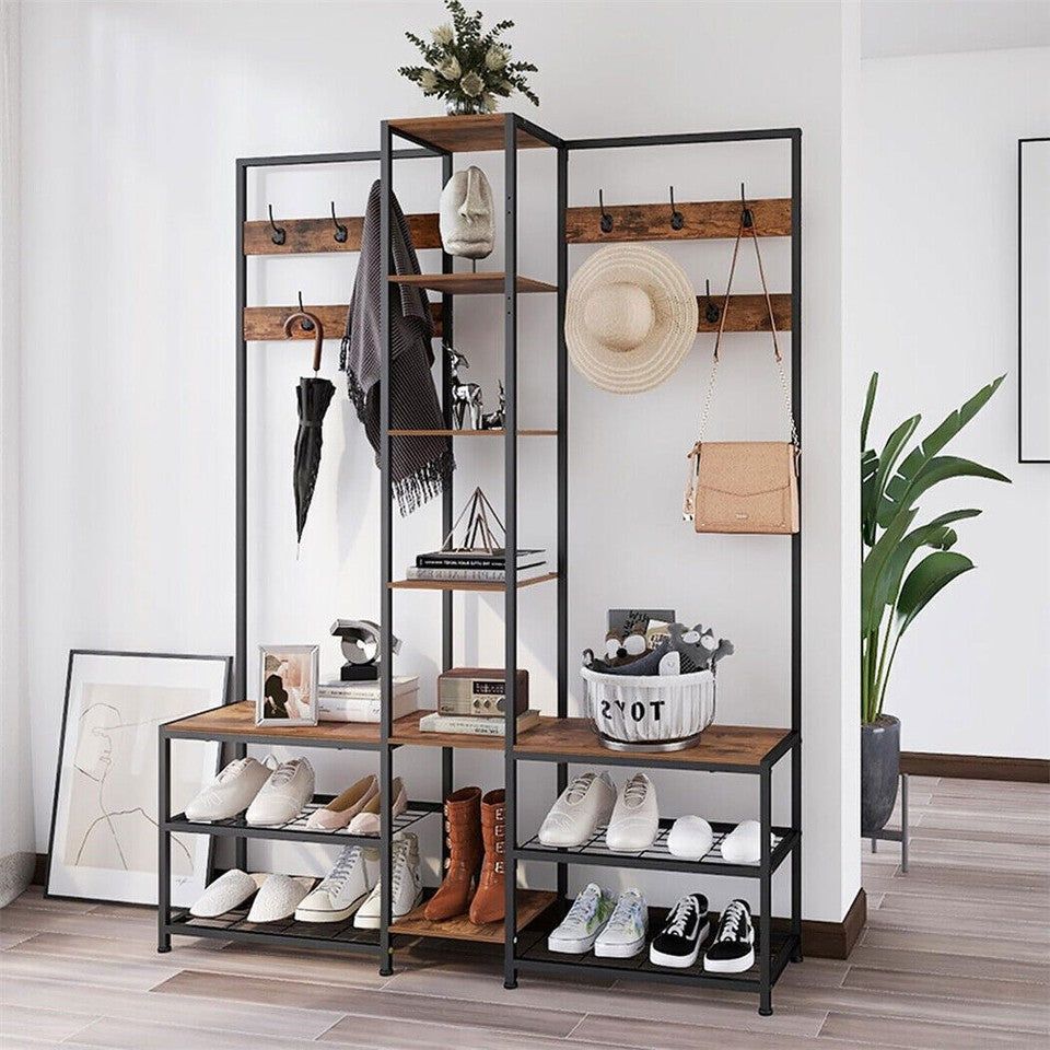 Xxl Corner Coat Stand Widen Depth Bench Shoe Rack Storage Shelves 10 Dual Hooks - Image 3