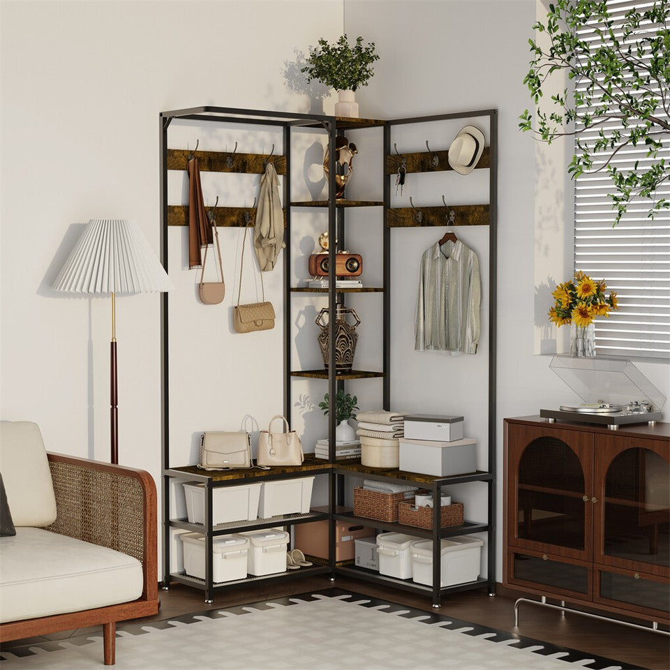 Xxl Corner Coat Stand Widen Depth Bench Shoe Rack Storage Shelves 10 Dual Hooks - Image 6