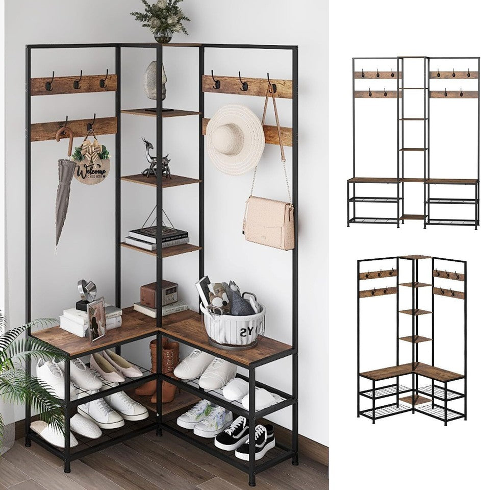 Xxl Corner Coat Stand Widen Depth Bench Shoe Rack Storage Shelves 10 Dual Hooks - Image 7