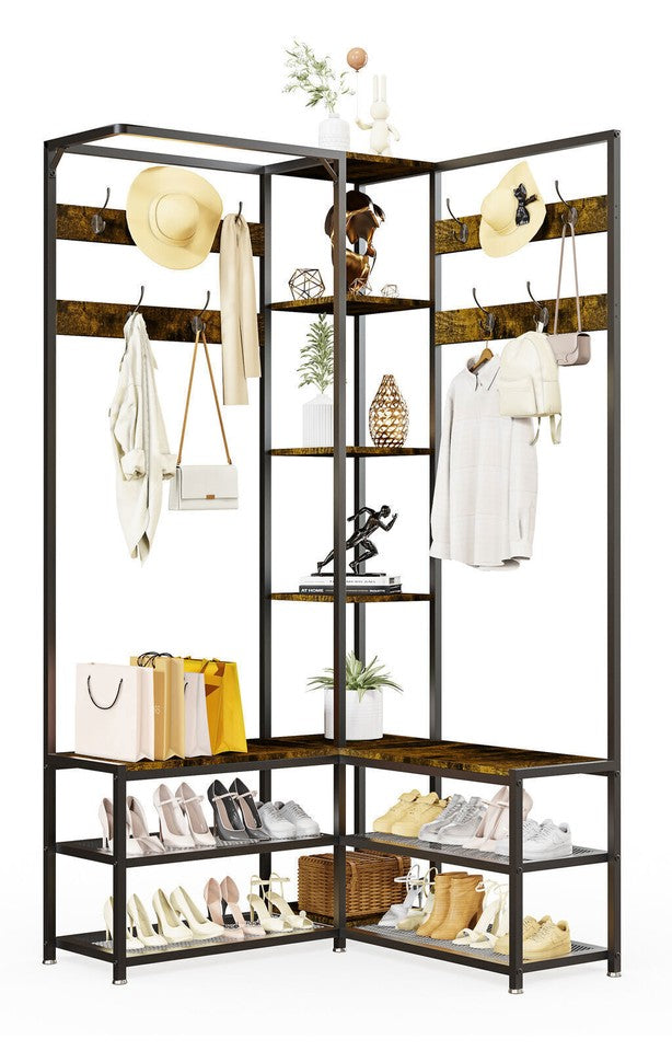 Xxl Corner Coat Stand Widen Depth Bench Shoe Rack Storage Shelves 10 Dual Hooks - Image 8