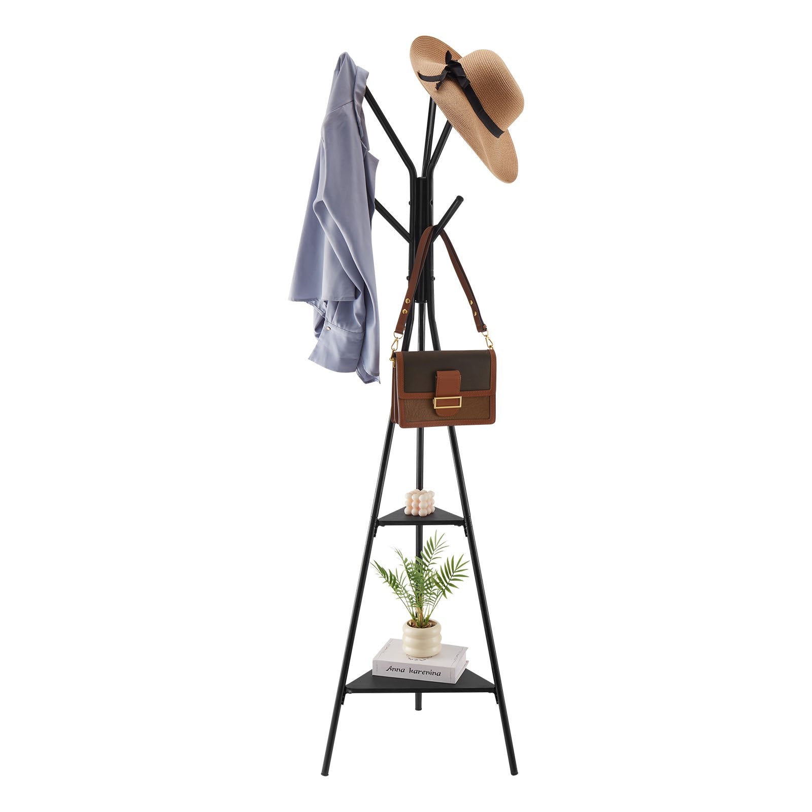 Gold Coat Rack, Freestanding Coats Rack Stand with 2 Shelves & 6 Hooks, Free Standing Hall Coat Tree - Image 2