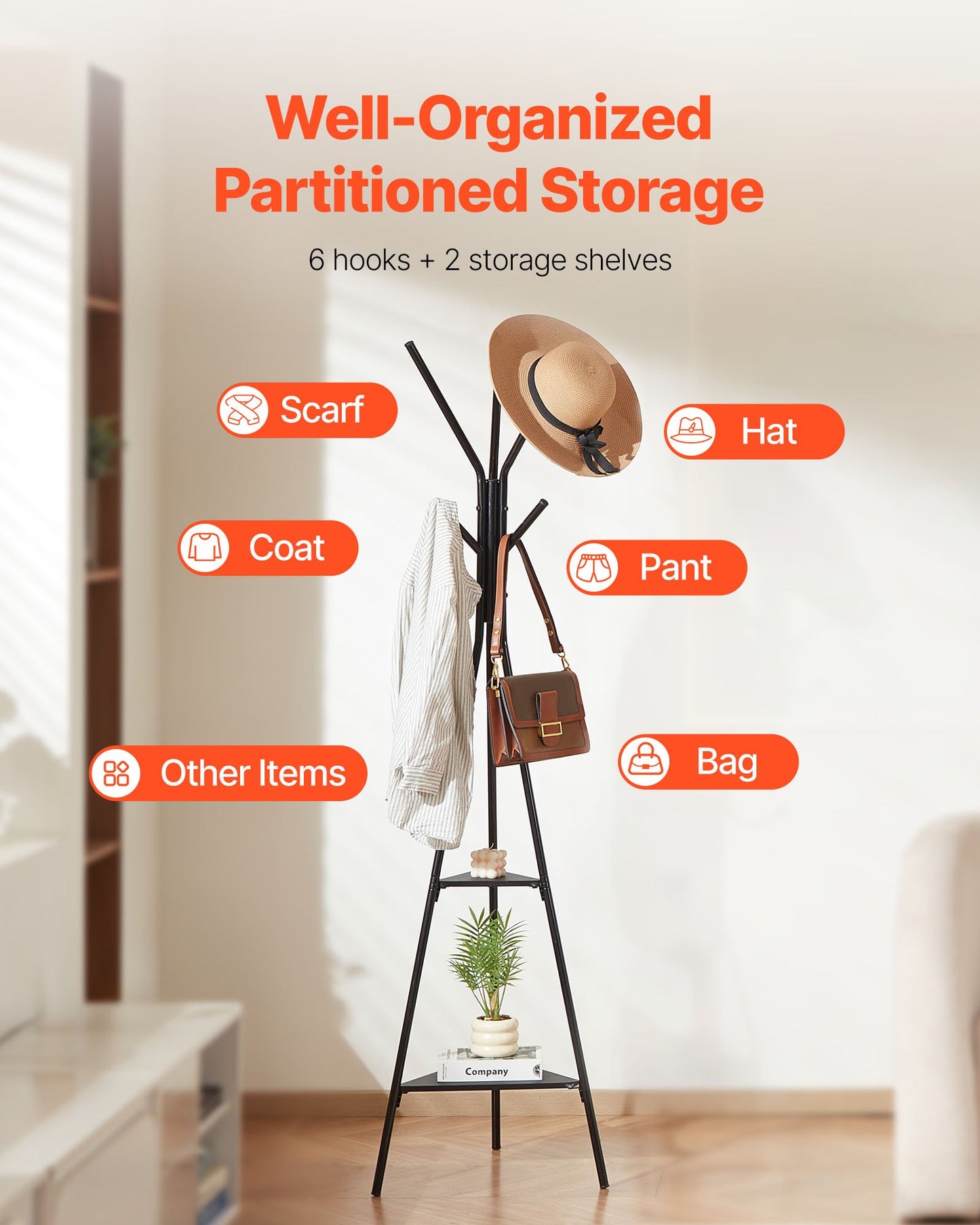 Gold Coat Rack, Freestanding Coats Rack Stand with 2 Shelves & 6 Hooks, Free Standing Hall Coat Tree - Image 5