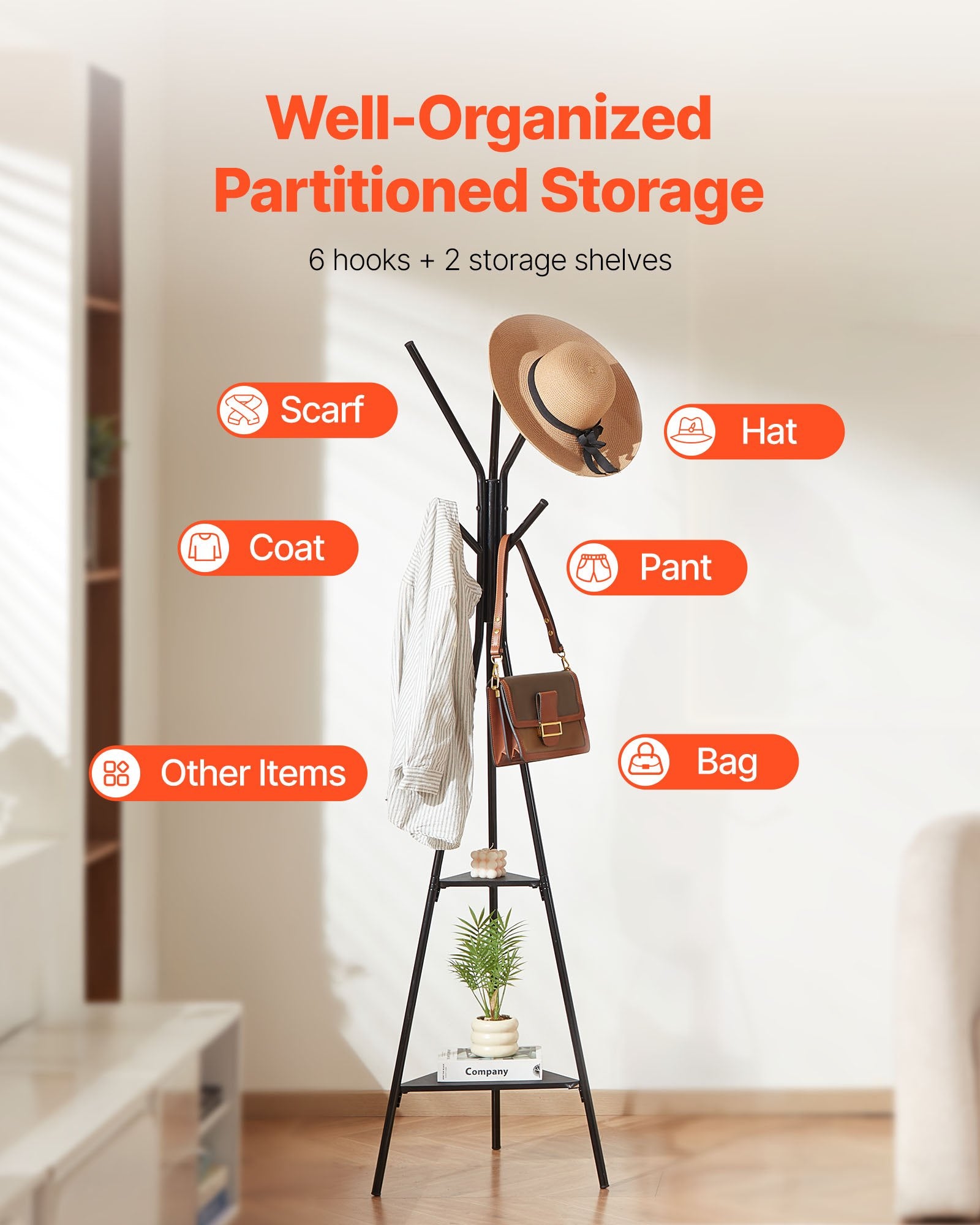 Gold Coat Rack, Freestanding Coats Rack Stand with 2 Shelves & 6 Hooks, Free Standing Hall Coat Tree - Image 5