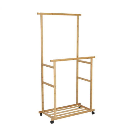 Portable Rolling Bamboo Clothes Rack for Kids with Hanging Rail